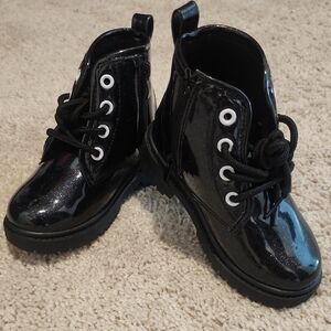 Kids Black Patent Lace-Up Ankle Boots